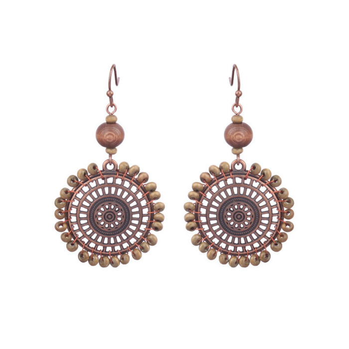 Cross-Border Amazon Tassel Earrings European and American Fashion Retro Wooden Beads Hand-Woven Geometric Hollow Wooden Earrings