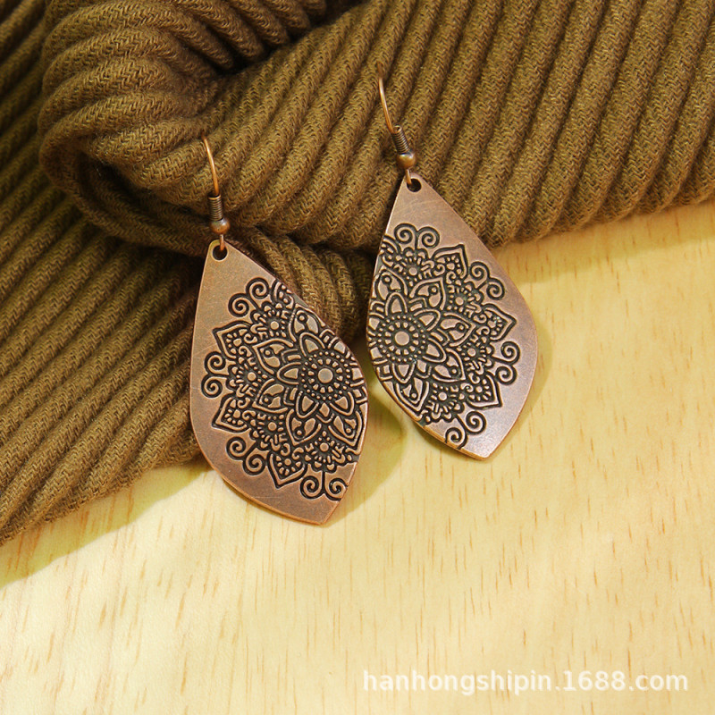 European and American Trendy Fashion Printed Earrings Vintage Bohemian Style Yunnan Travel Hot Sale Coffee Color Earrings Wholesale