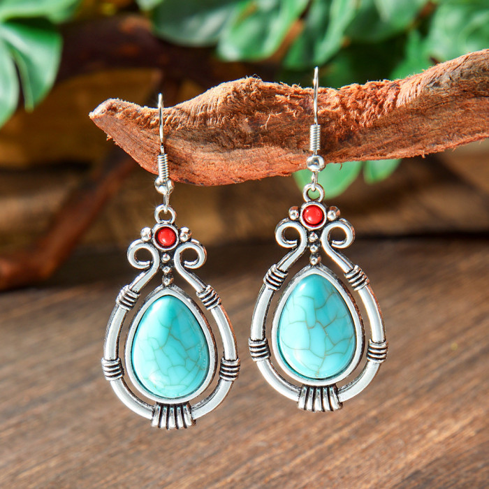 New Fashion Retro Palace Earrings for Women, Unique Turquoise Accessories, Creative Water Drop Alloy Earrings, Wholesale Jewelry