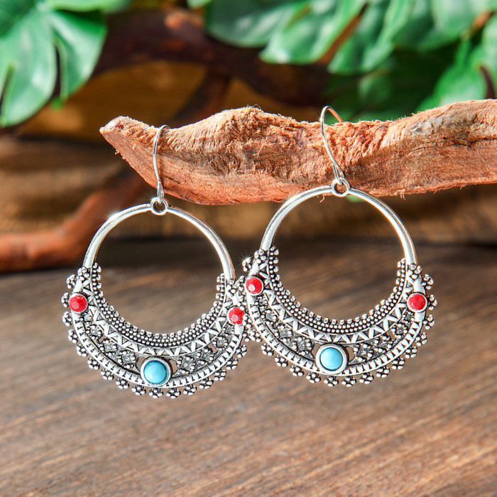 Cross-border European and American New Style Earrings Silver Geometric Metal Turquoise Drop Earrings Bohemian Personality Ear Jewelry Wholesale
