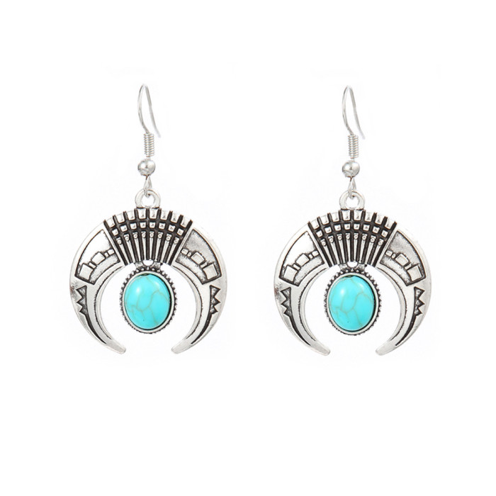 European and American Cross-Border Ethnic Style Earrings Silver Geometric Metal Turquoise Inlaid Tassel Earrings Amazon Ear Jewelry