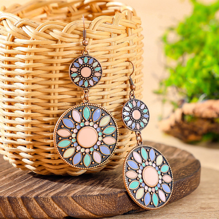 Amazon Hot-Selling Alloy Oil Drop Earrings Wholesale Ethnic Style Vacation Travel Colorful Earrings Niche Versatile Accessories