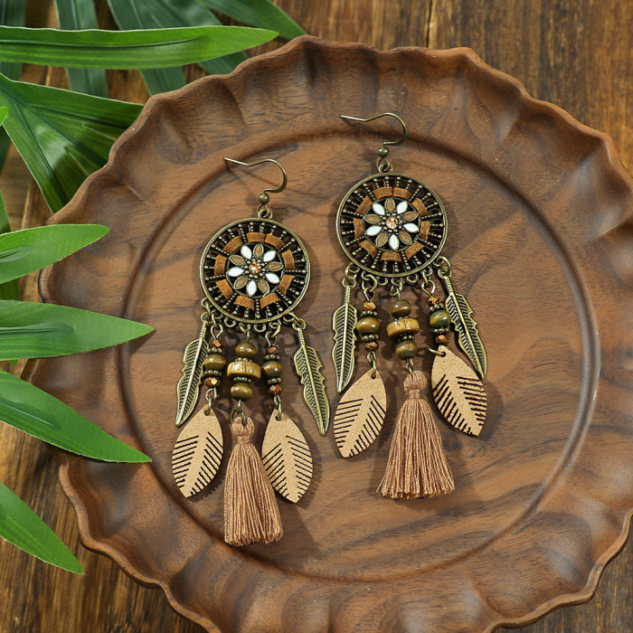 Cross-Border Amazon Tassel Earrings European and American Fashion Retro Wooden Beads Hand-Woven Geometric Hollow Wooden Earrings