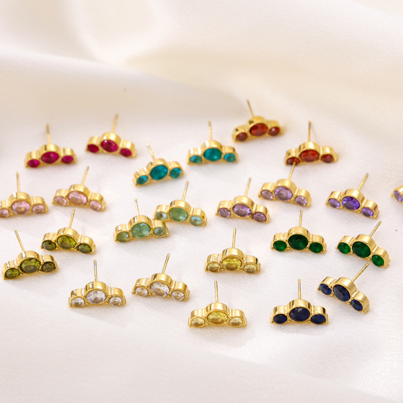 Cross-Border Hot-Selling Colorful Zircon Birthday Stone Earrings Versatile Stainless Steel 18K Gold Plated Non-Fading Titanium Steel Studs