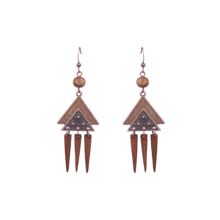 Cross-Border Amazon Tassel Earrings European and American Fashion Retro Wooden Beads Hand-Woven Geometric Hollow Wooden Earrings