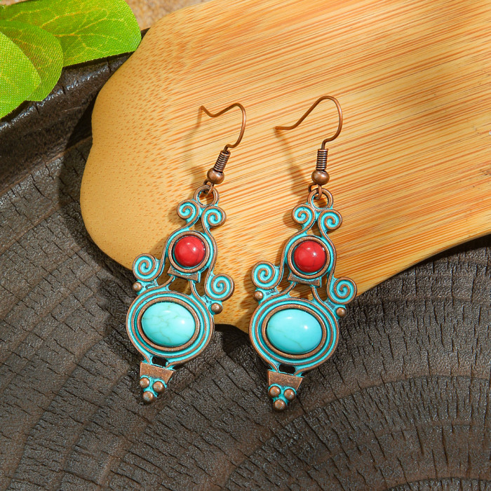 Amazon Retro Ethnic Style Earrings Bohemian Turquoise Studs Heart Hollow Leaf Cross-Border Ear Jewelry