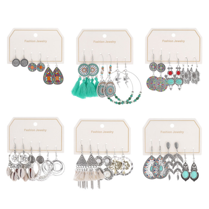 Hot-Selling Bohemian Style Vintage Silver Turquoise Tassel Earrings Personality Versatile Alloy Texture Ear Jewelry