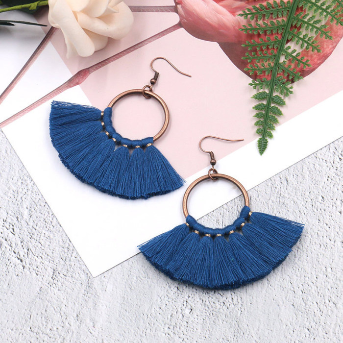 New Bohemian Earrings for Women, European and American Cross-Border Fashion Creative Handmade Fan-Shaped Tassel Earrings