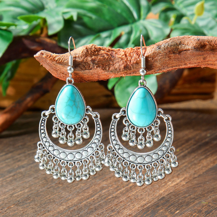 Cross-border European and American New Style Earrings Silver Geometric Metal Turquoise Drop Earrings Bohemian Personality Ear Jewelry Wholesale
