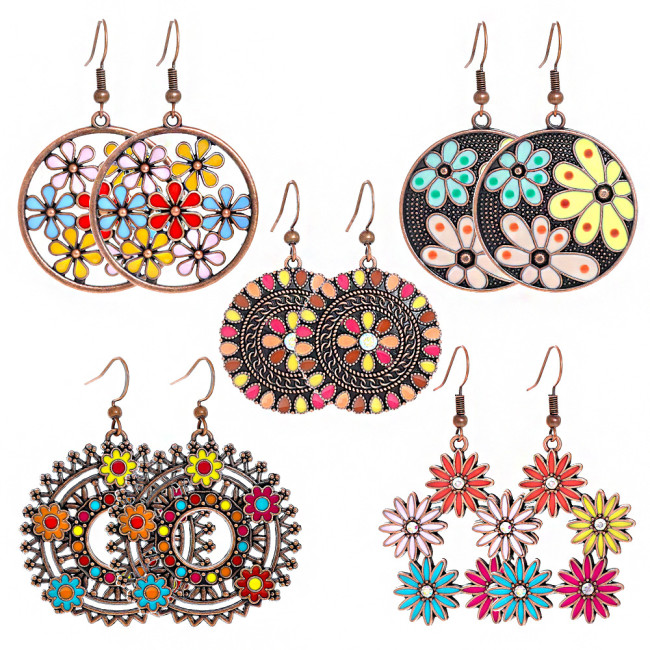 European and American Fashion Round Hollow Alloy Earrings Creative Flower Earrings Bohemian Women's Trendy Jewelry Wholesale