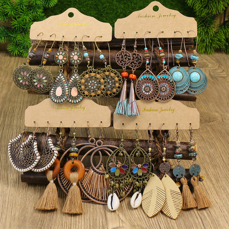 Cross-Border Hot-Selling Bohemian Style Hollow Tassel Earrings Personality Versatile Fishbone Accessories Water Drop Earrings Wholesale