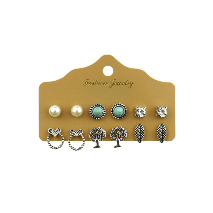 Korean Style Earrings Multiple Pairs One Card Female Silver Color Heart Leaf Turquoise Accessories Set Combination Je...