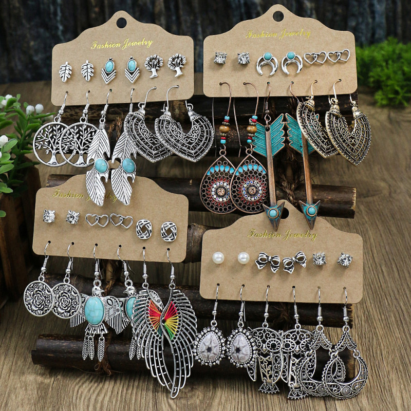 Amazon European and American Earrings Simple Fashion Heart Owl Earrings 6-Piece Set Ear Studs Vintage Ethnic Style Earrings