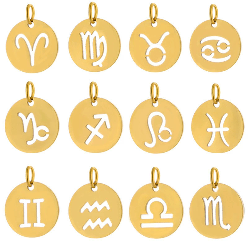 New Cross-Border Stainless Steel 12 Zodiac Hollow Round Pendant DIY Bracelet Necklace Small Charm Accessories Wholesale