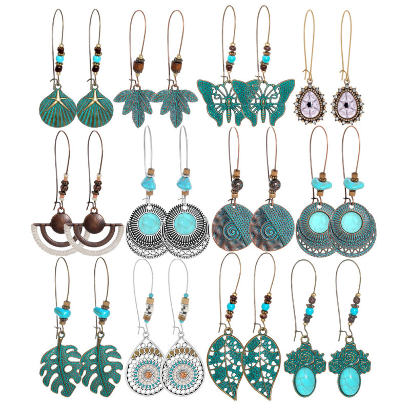 Amazon Jewelry Wholesale Earrings Ethnic Style Antique Alloy Earrings Hollow Leaf Turquoise Earrings