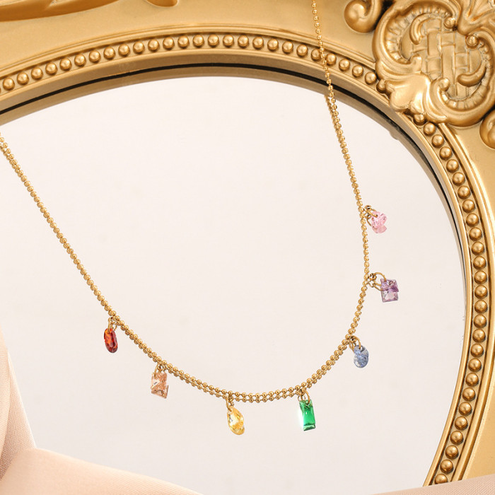 Sweet Cool Fantasy Colorful Gemstone Necklace for Women, Niche Design Ultra Shiny Fashionable Versatile Collarbone Chain