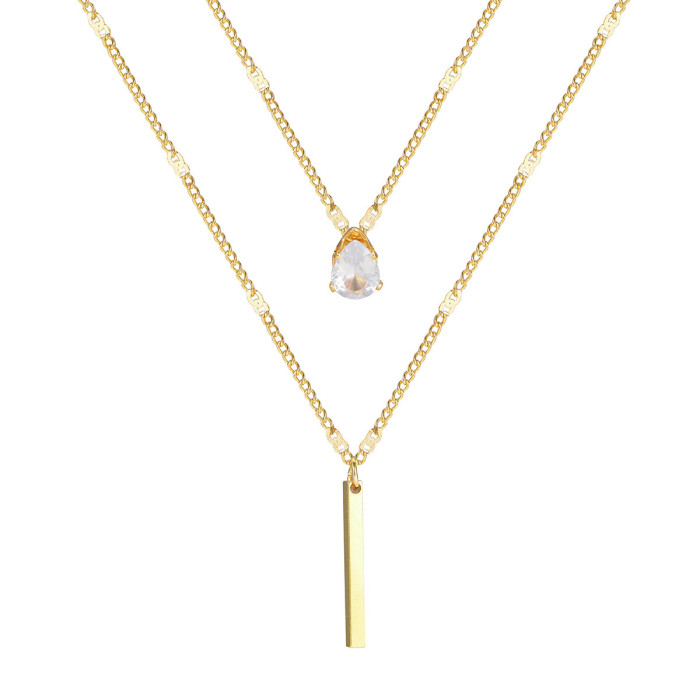 European and American Cross-Border New Gold Necklace Personality Fashion Double Layer Stacked Water Drop Shaped Small Diamond Long Tassel Pendant Necklace