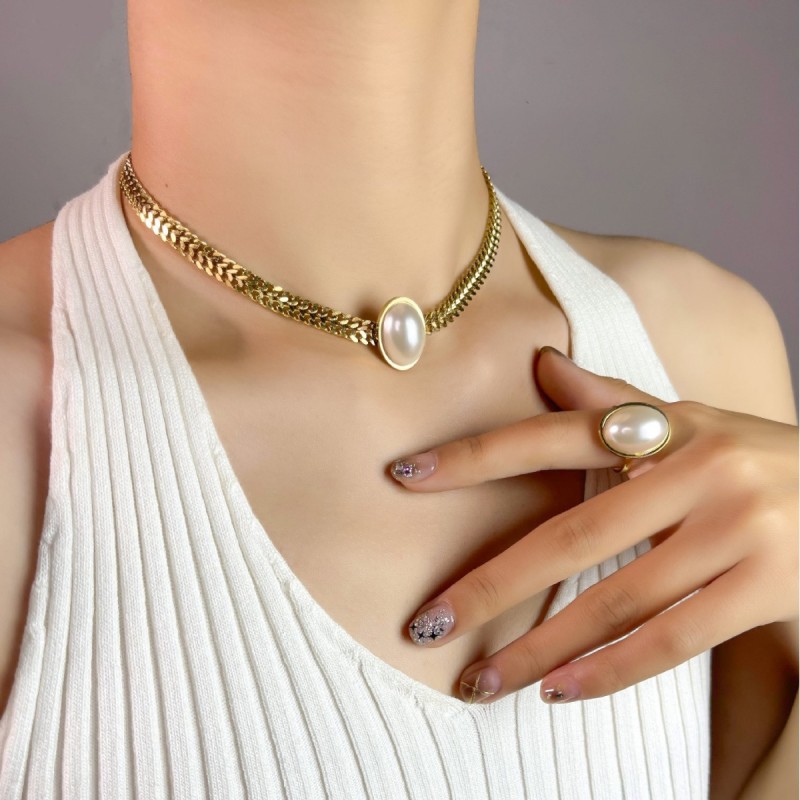 Cross-Border New Pearl K Gold Titanium Steel Jewelry Set Elegant Ring Personality Earrings Fashion Trend Accessories