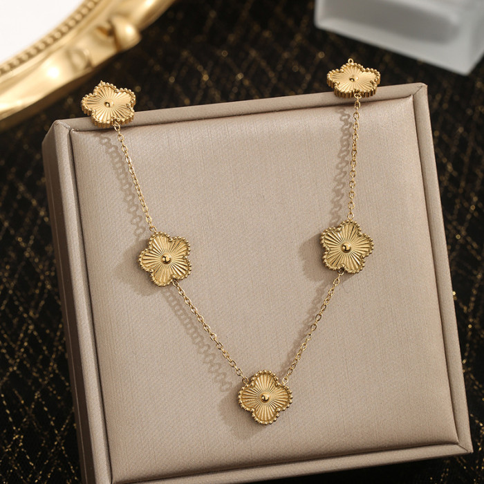Cross-Border Fashion Titanium Steel Necklace Versatile 18K Gold Five-Leaf Flower Grass Set Bracelet Earring Set for Women Non-Fading