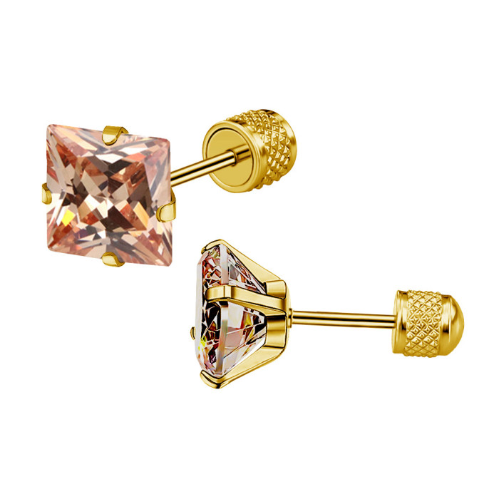 Cross-Border Foreign Trade Amazon Stainless Steel Earrings Fashion OL Versatile Square Four-Prong Zircon Earrings Piercing Jewelry