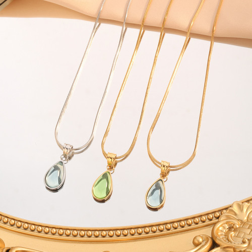 French Style Light Luxury Transparent Green Water Drop Blue Ocean Titanium Steel Necklace Jewelry for Women Retro Mermaid Tears Clavicle Chain