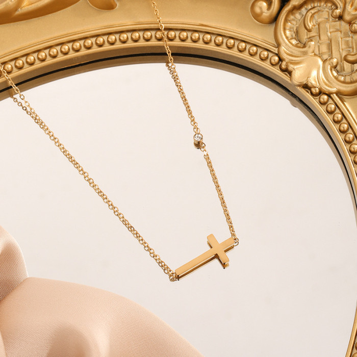 European and American Style Niche Small and Large Zircon Cross Necklace Simple Shiny Workplace Collarbone Chain for Women Titanium Steel Non-Fading