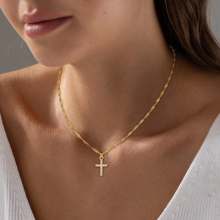 Eco-friendly Brass 3A Zircon Cross Stainless Steel Water Wave Chain 18K Gold Mini Zircon Cross Necklace for Women