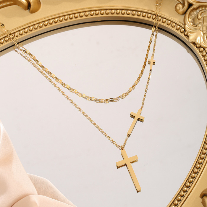 Fashion Simple Cross Double-layer Necklace Titanium Steel Non-fading 18K Gold Ins Style Women's Collarbone Necklace