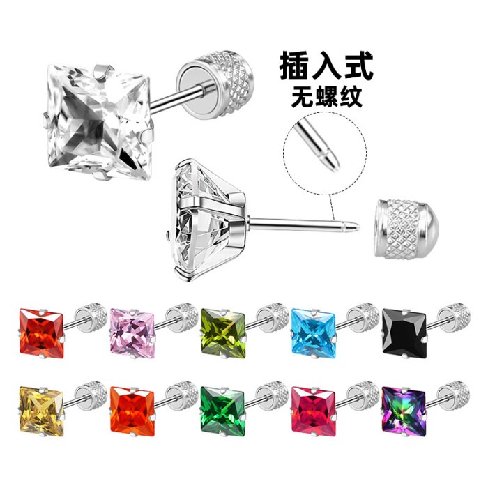 Amazon Hot-Selling New Four-Claw Square Zircon Earrings Stainless Steel Earrings Stud Earrings Piercing Jewelry Wholesale
