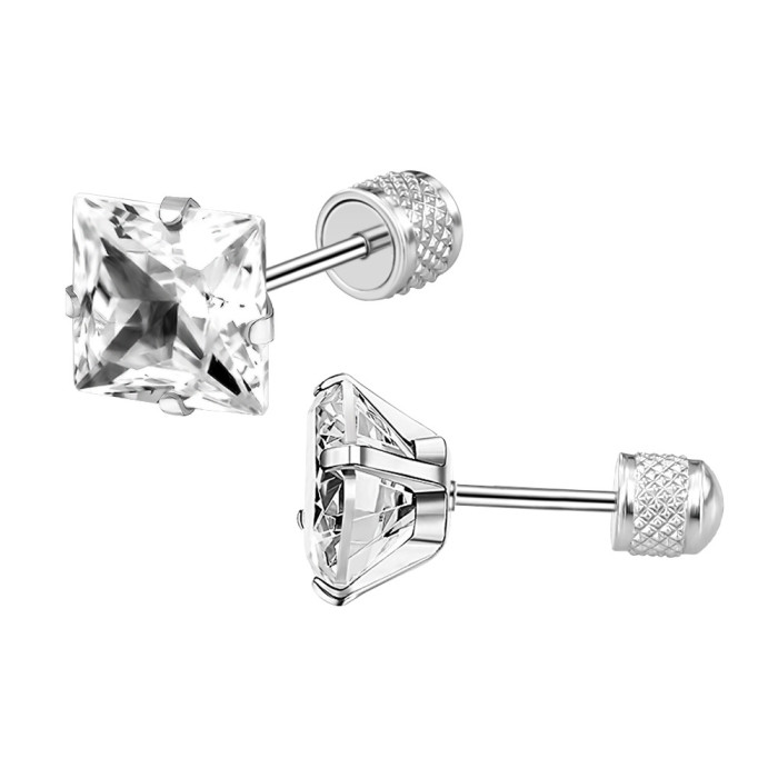 Amazon Hot-Selling New Four-Claw Square Zircon Earrings Stainless Steel Earrings Stud Earrings Piercing Jewelry Wholesale