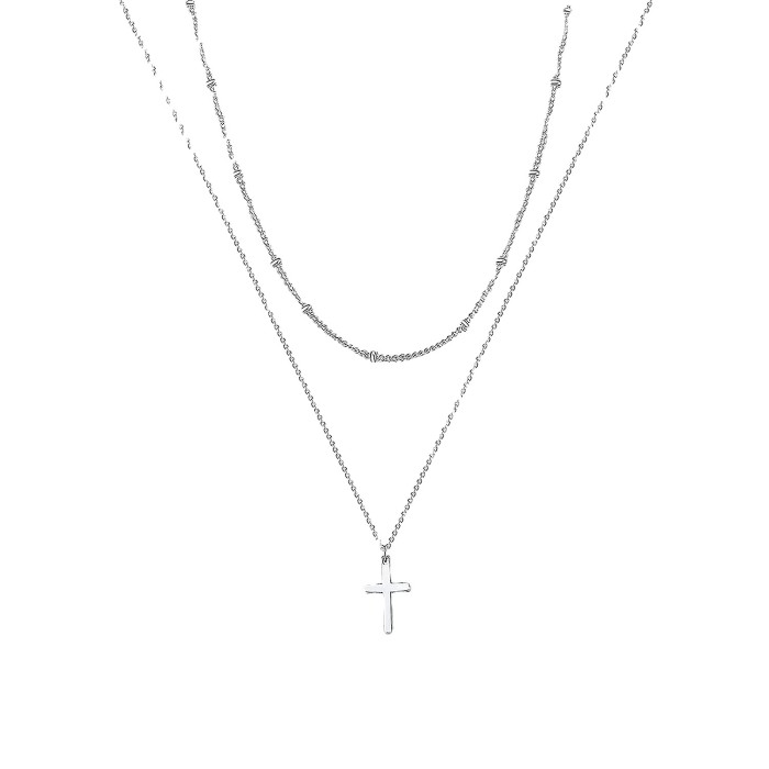 Amazon Simple Stainless Steel Cross Chain Clip Bead Chain Stainless Steel Double Layer Cross Necklace Multi-Layer Nec...