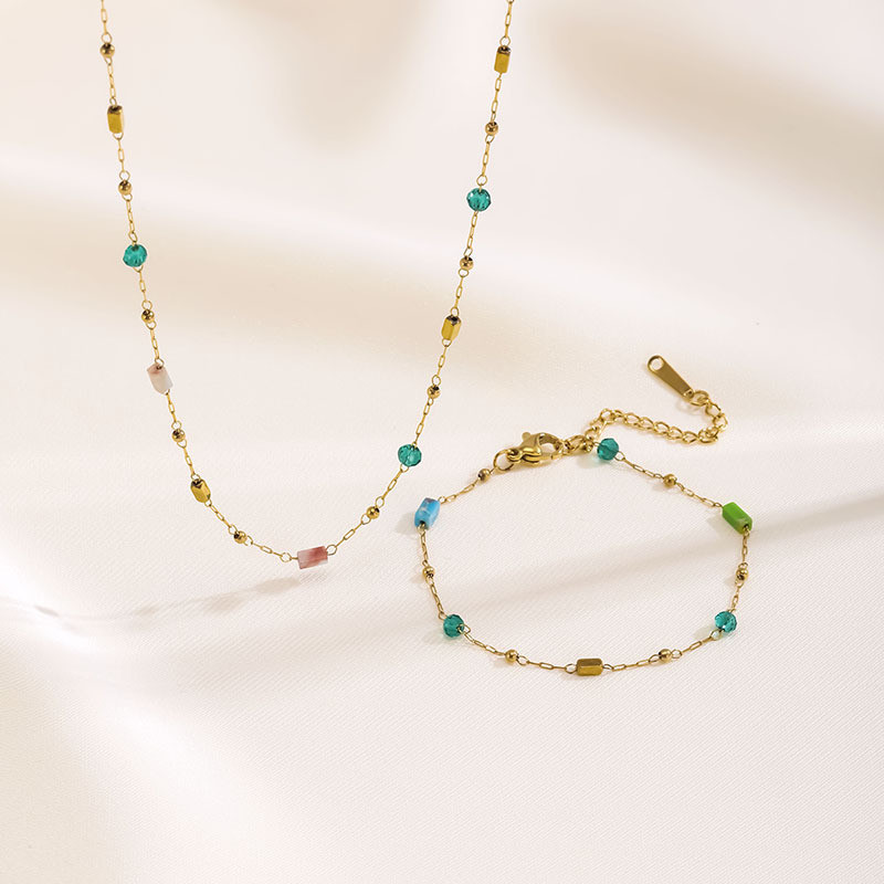 Dopamine Outfit Simple Elegant Niche Geometric Jewelry Multicolor Natural Stone Beaded Design Titanium Steel Necklace