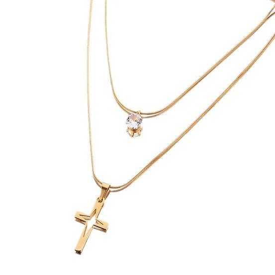 Cross-Border European and American New Style Ins Minimalist Niche Retro Cross with Diamond Clavicle Chain Double Layer Stacked Titanium Steel Necklace
