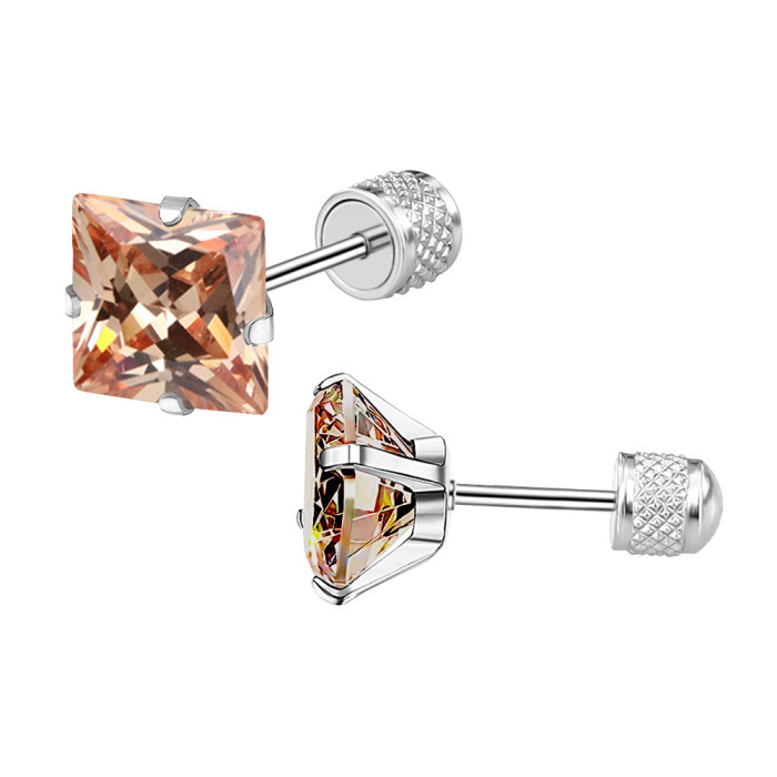 Amazon Hot-Selling New Four-Claw Square Zircon Earrings Stainless Steel Earrings Stud Earrings Piercing Jewelry Wholesale