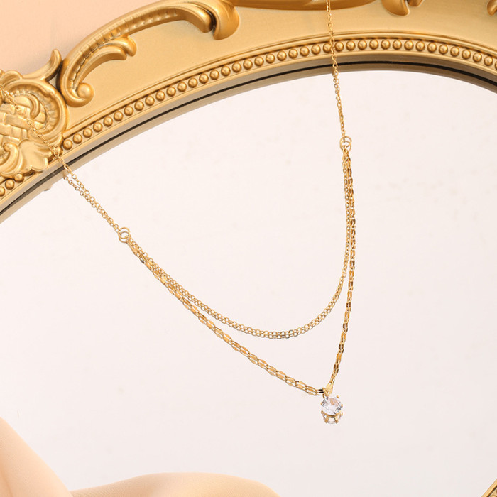French Style Light Luxury Double Layer Water Wave Single Diamond Super Shiny Titanium Steel Necklace for Women Versatile Minimalist High-end Collarbone Chain
