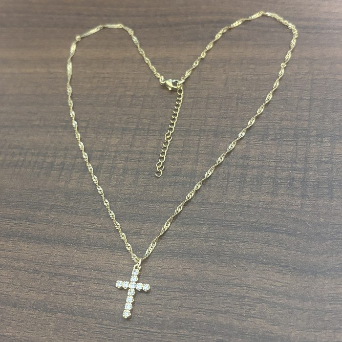 Eco-friendly Brass 3A Zircon Cross Stainless Steel Water Wave Chain 18K Gold Mini Zircon Cross Necklace for Women