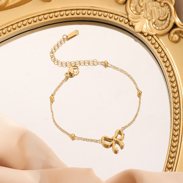 New Sweet Escape Princess Bowknot Round Beads Titanium Steel Bracelet Female Fashionable Temperamental All-Match Simp...