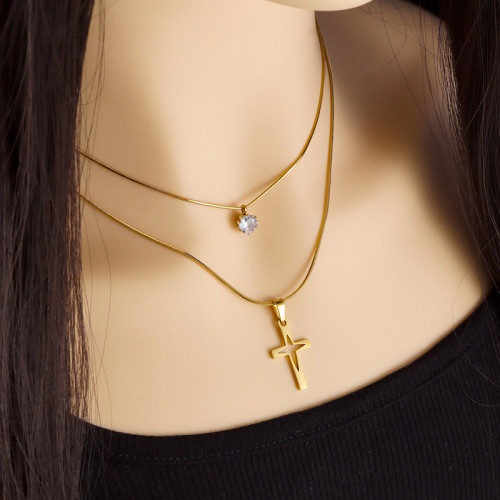 Cross-Border European and American New Style Ins Minimalist Niche Retro Cross with Diamond Clavicle Chain Double Layer Stacked Titanium Steel Necklace