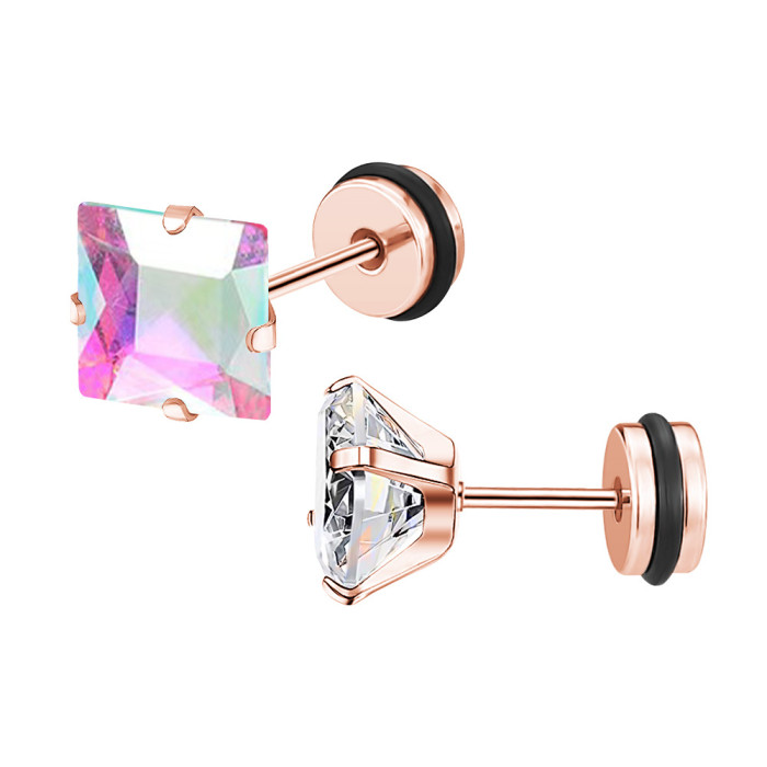 Stainless Steel Square Zircon Earrings Ear Bone Studs Screw Twist Ball Fashion Earrings European and American Piercing Men's Earrings Cross-Border