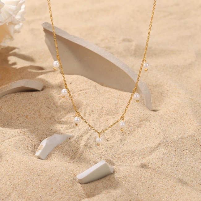 Pearl Small Pendant Collarbone Chain Necklace French Elegant INS Pearl Small Rice Bead Tassel Necklace Titanium Steel Non-Fading