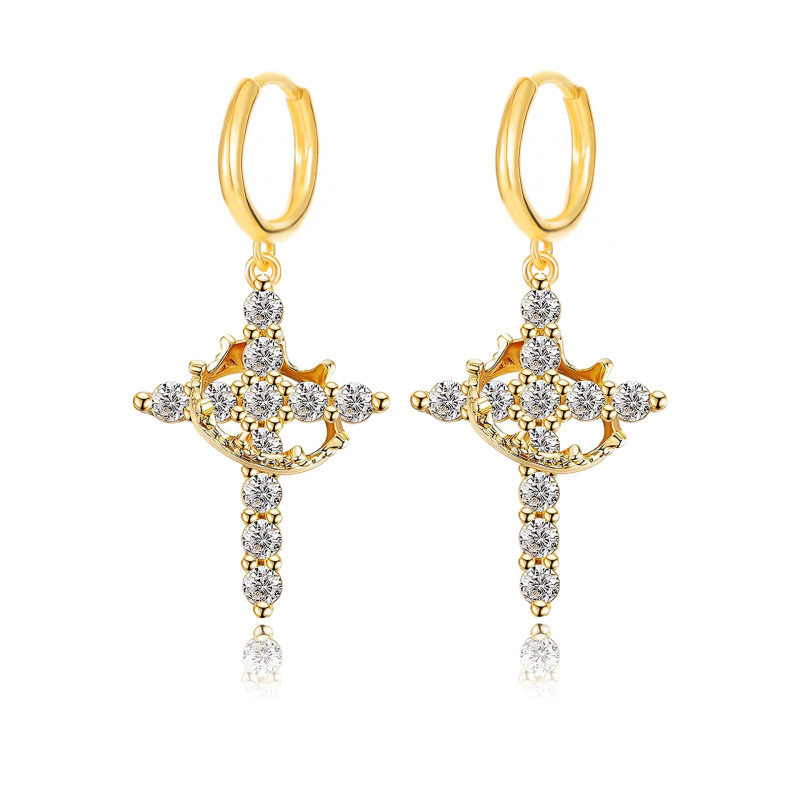 Crown Cross Earrings Rotatable Ring Stainless Steel Ear Clips 3A Zircon Crown Cross Earrings