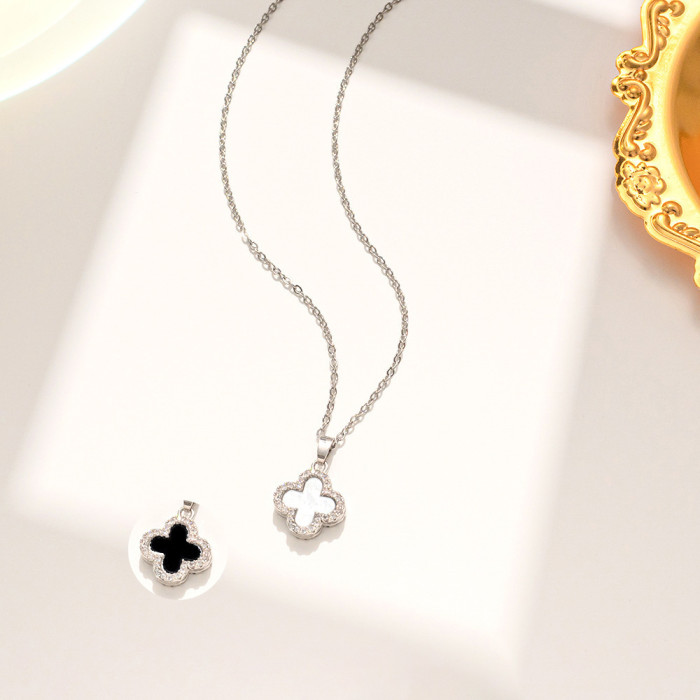 TikTok Hot-Selling Full Diamond Four-Leaf Clover Titanium Steel Necklace for Women Double-Sided Design Sense Collarbone Chain 18k Gold Neck Chain Wholesale for Women