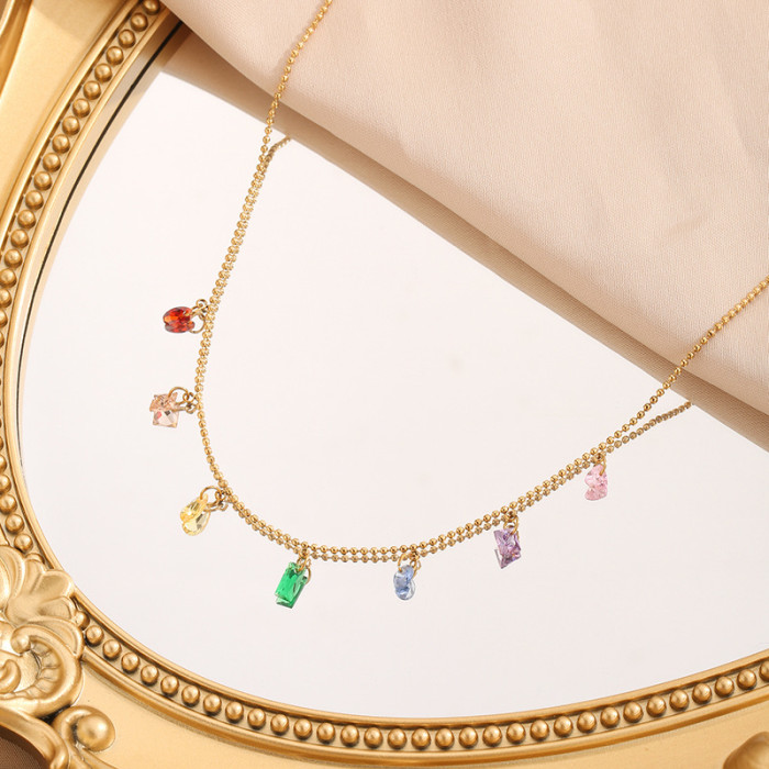 Sweet Cool Fantasy Colorful Gemstone Necklace for Women, Niche Design Ultra Shiny Fashionable Versatile Collarbone Chain