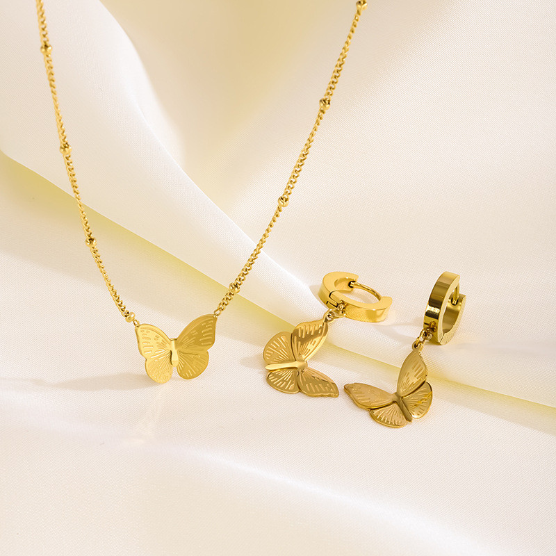 European and American Cross-Border Butterfly Earrings for Women, Elegant and Versatile 18K Gold Titanium Steel Earrings, Non-Fading Versatile Set of Jewelry for Women