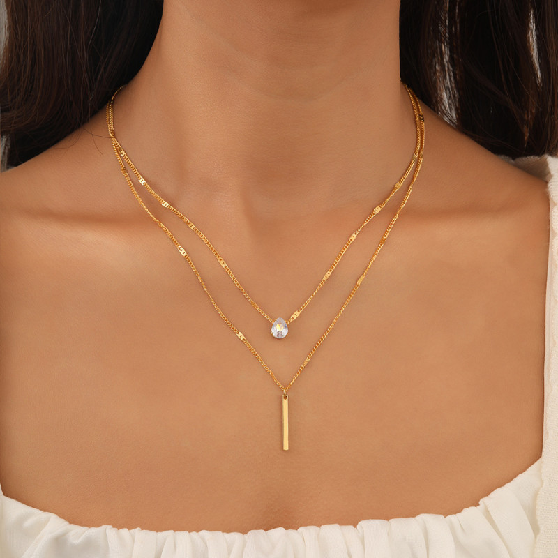 European and American Cross-Border New Gold Necklace Personality Fashion Double Layer Stacked Water Drop Shaped Small Diamond Long Tassel Pendant Necklace