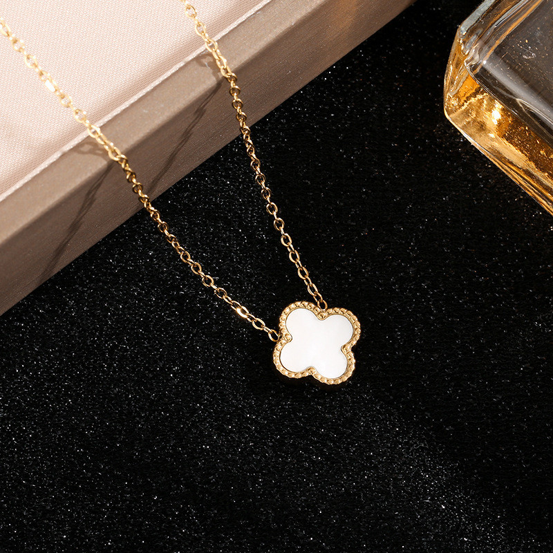 Double-Sided Four-Leaf Clover Necklace Internet Celebrity Xiaohongshu Lucky Four-Leaf Clover 18K Gold Necklace Mother-of-Pearl Cross-Border Jewelry Wholesale