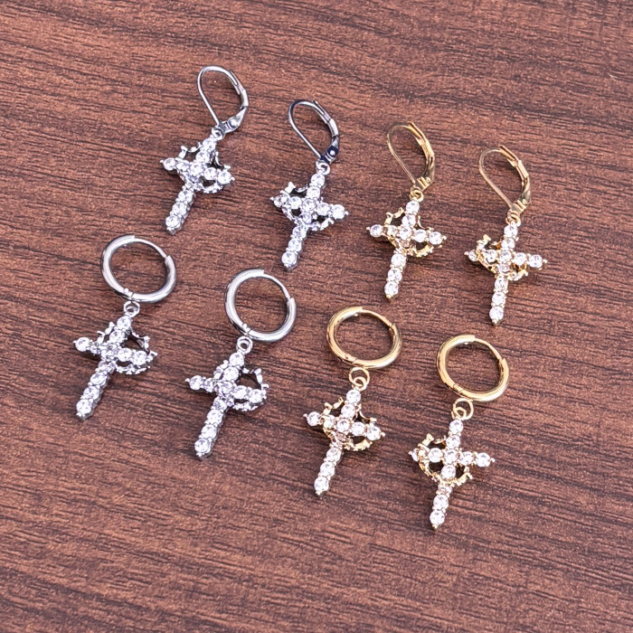 Crown Cross Earrings Rotatable Ring Stainless Steel Ear Clips 3A Zircon Crown Cross Earrings