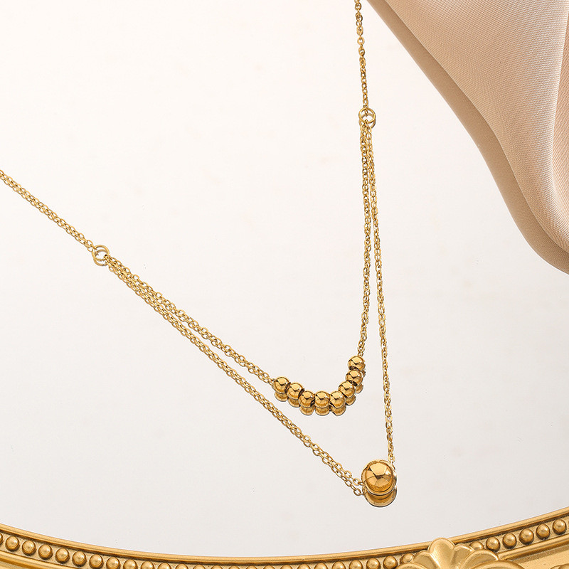 European and American New Cross-Border Design Trendy Women's 18K Gold Stainless Steel Double Layer Rice Bead Non-Fading Necklace Jewelry