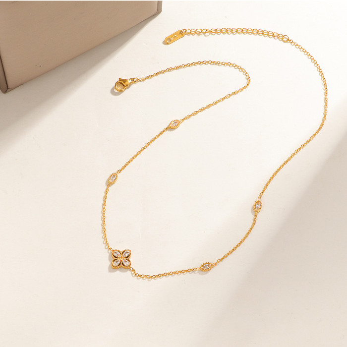 2025 New White Stone Hollow Four-Leaf Clover Titanium Steel Necklace for Women Fashionable Elegant High-End Exquisi...