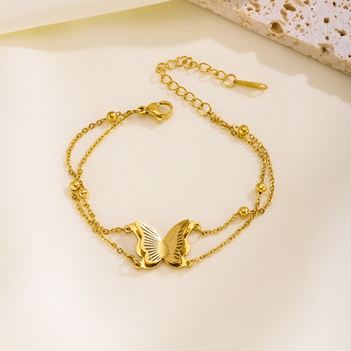 Hot Selling Stainless Steel Butterfly Double-Layer Bead Necklace Bracelet Set Fashion Titanium Steel Non-Fading Butte...